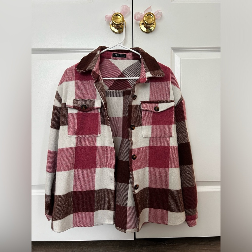 pinka and white, plaid flannel jacket, size Medium, SHEIN.